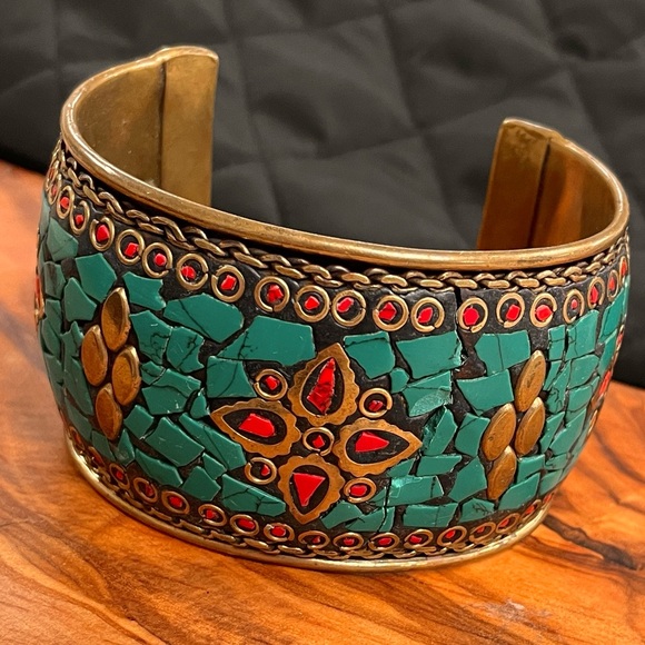 Handcrafted Turquoise and Copper Mosaic Cuff Bracelet